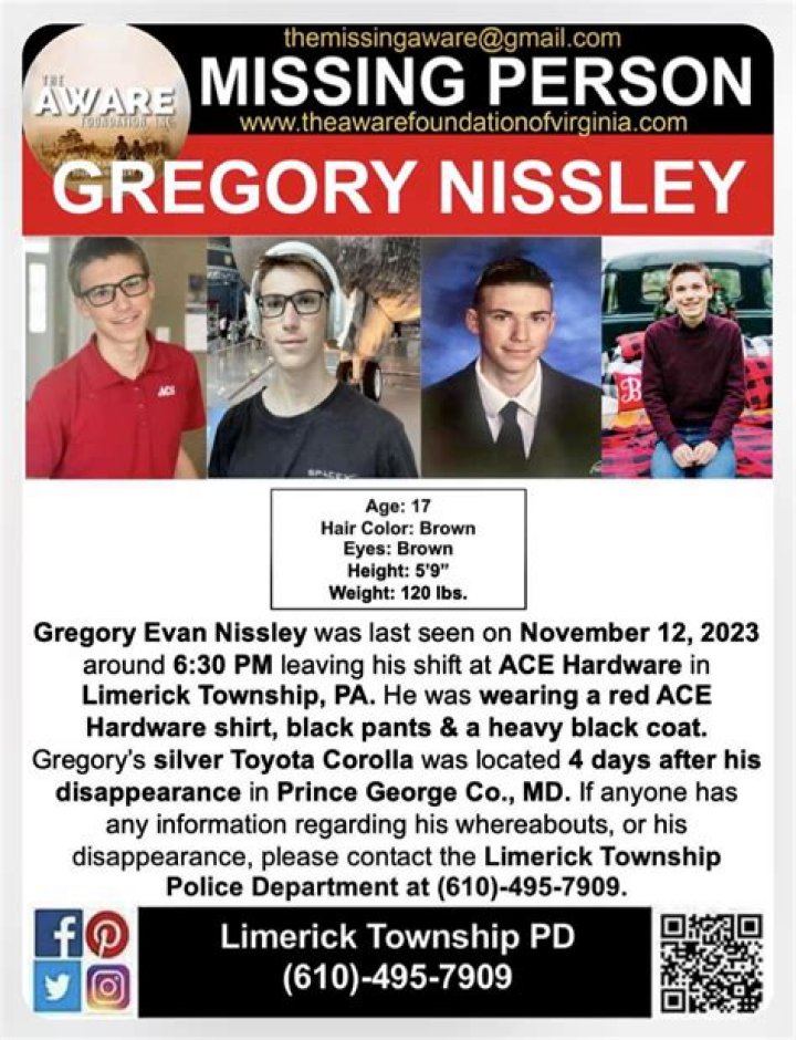 Missing Gregory Nissley: 17 Years Old, Limerick Resident Last Seen On Sunday 12th November